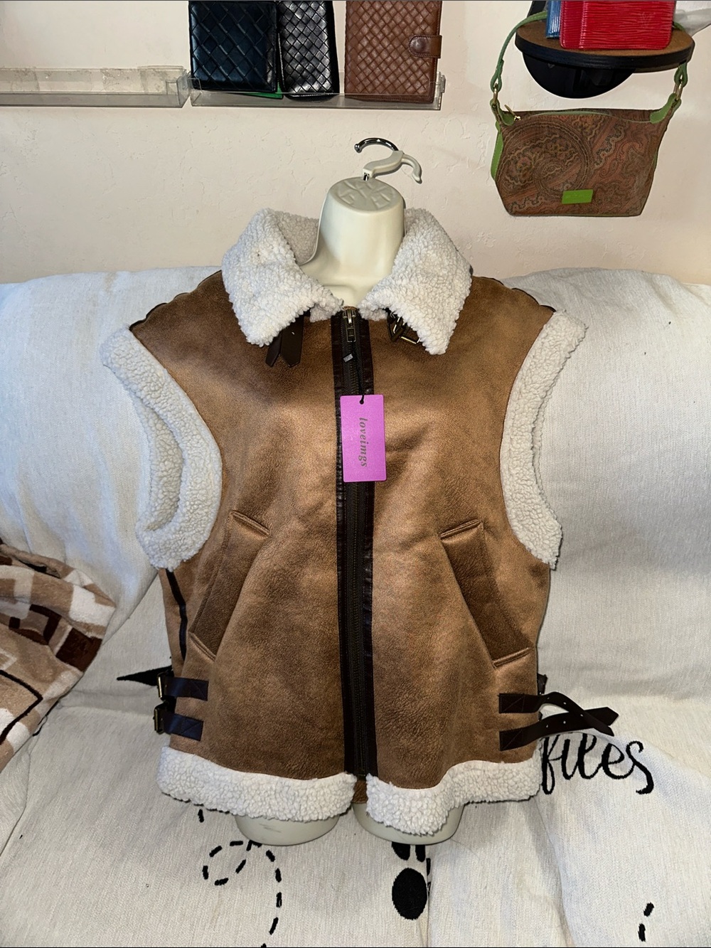 Loveimgs size medium Tan Faux Suede Vest with white Sherpa and buckles New